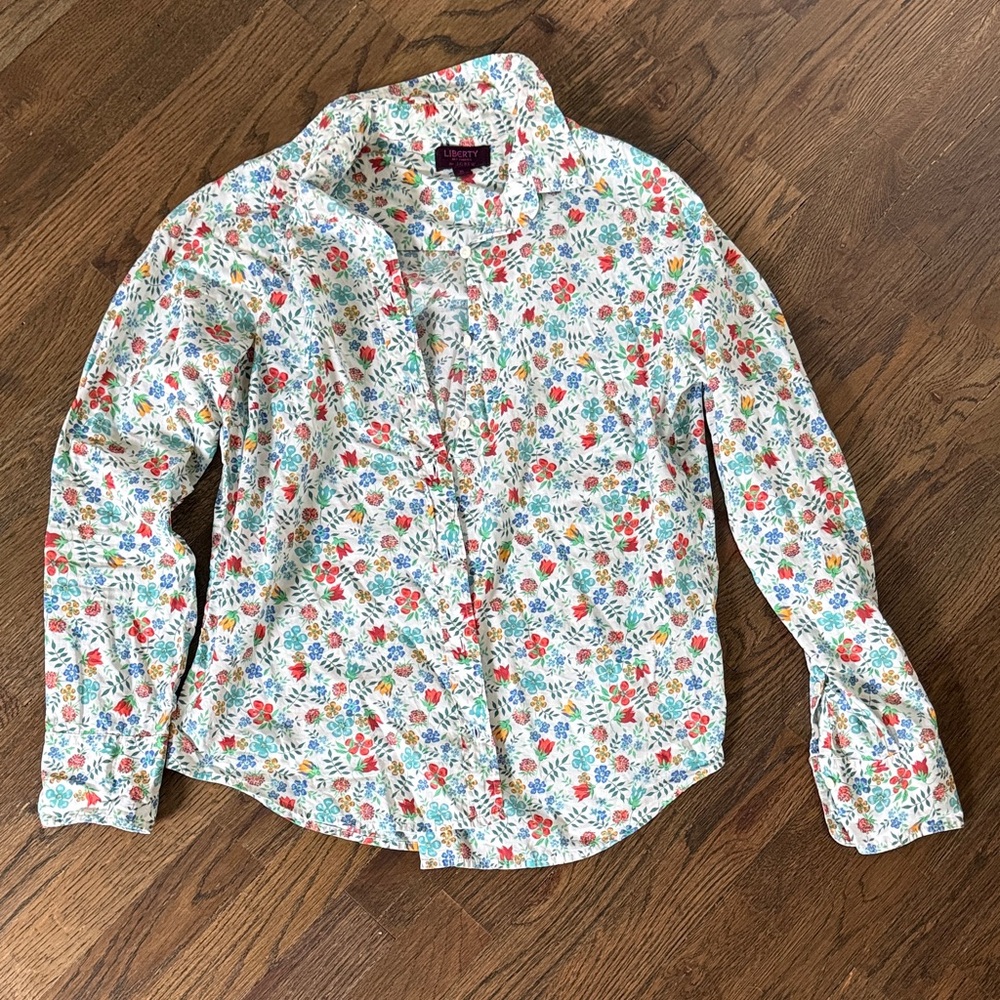 J. Crew X Liberty of London White Shirt with Red Blue Green Floral Print